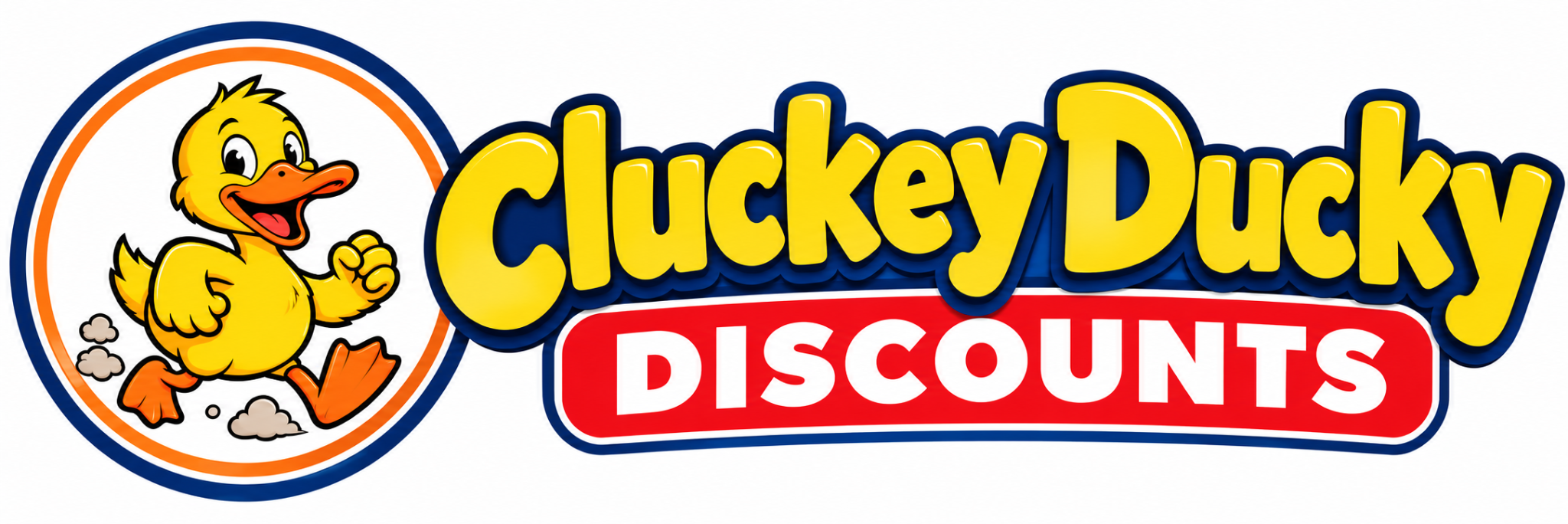 Cluckey Ducky Discounts logo with yellow duck mascot